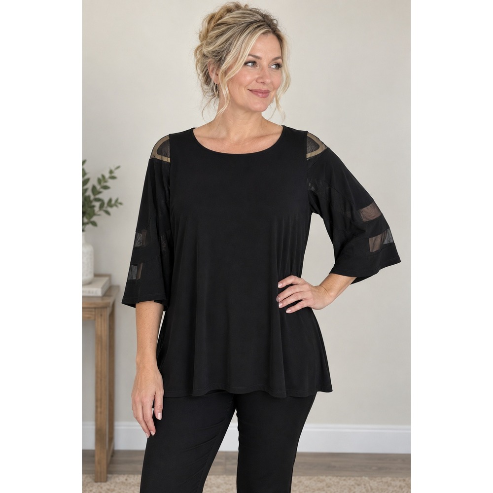 IC Collection Blouse Tunic Women's Medium 3/4 Sleeve Scoop Neck Office Black